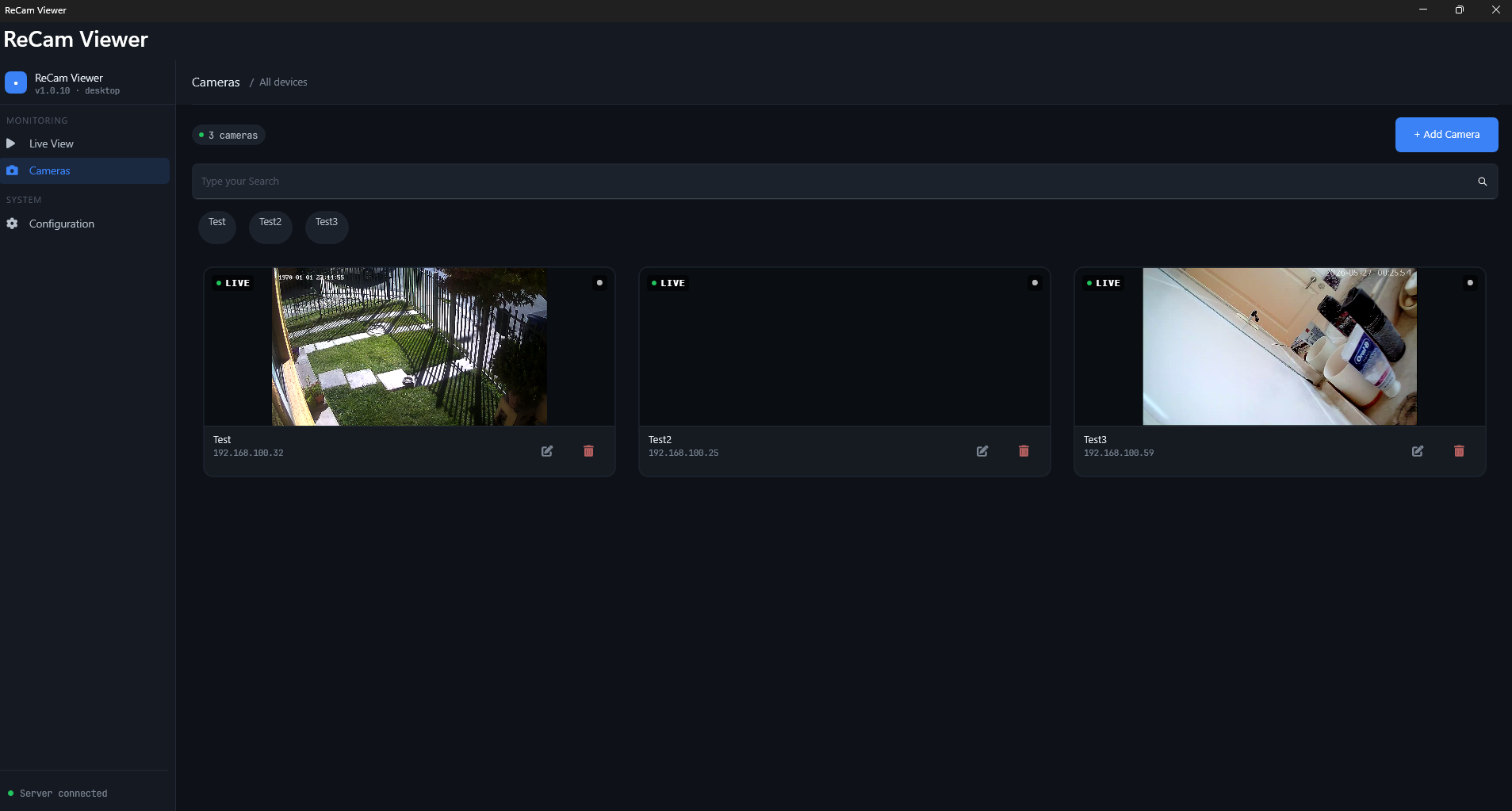 Recam Viewer — camera grid view showing multiple live RTSP streams