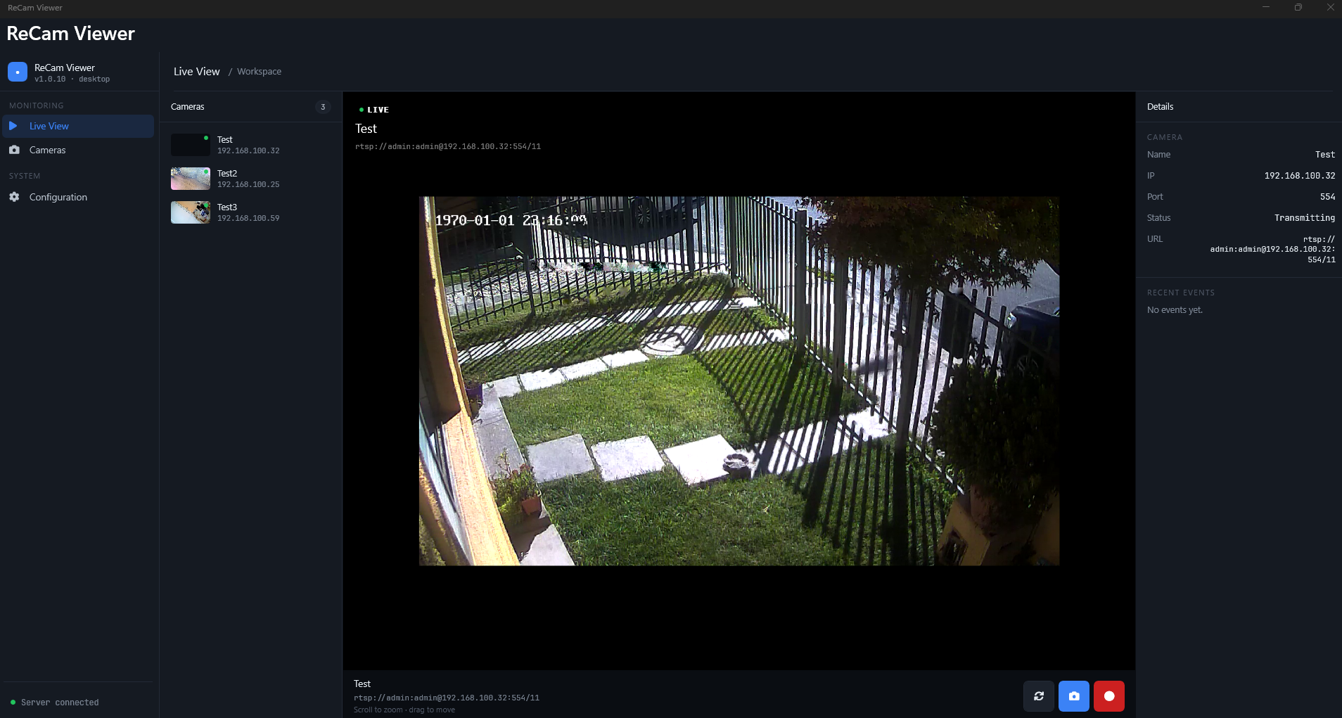 Recam Viewer — live camera view with stream details panel