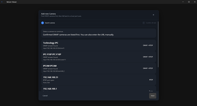 ReCam Viewer showing discovered ONVIF and RTSP camera candidates