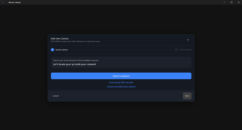 ReCam Viewer Add new Camera wizard with the Search Cameras action