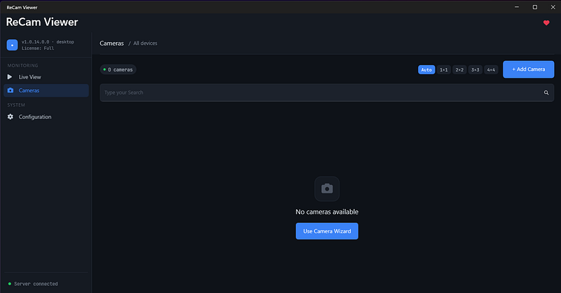 ReCam Viewer on Windows showing the camera page before an IP camera is added