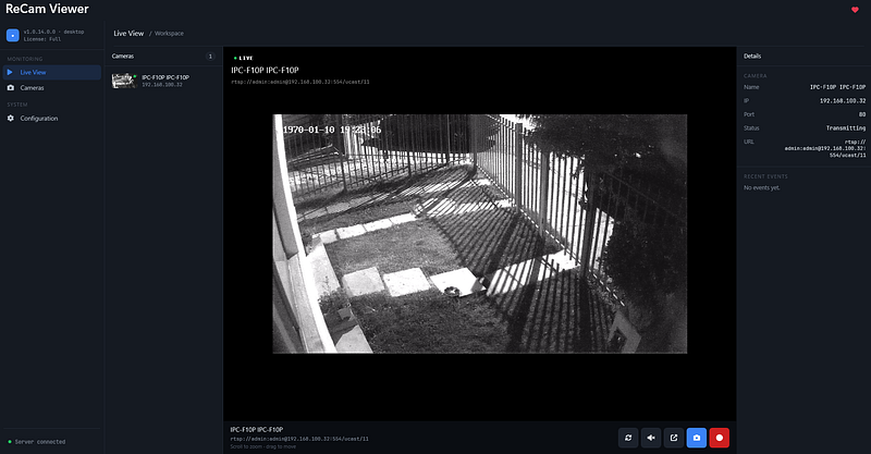 ReCam Viewer live view showing an IP camera stream on Windows