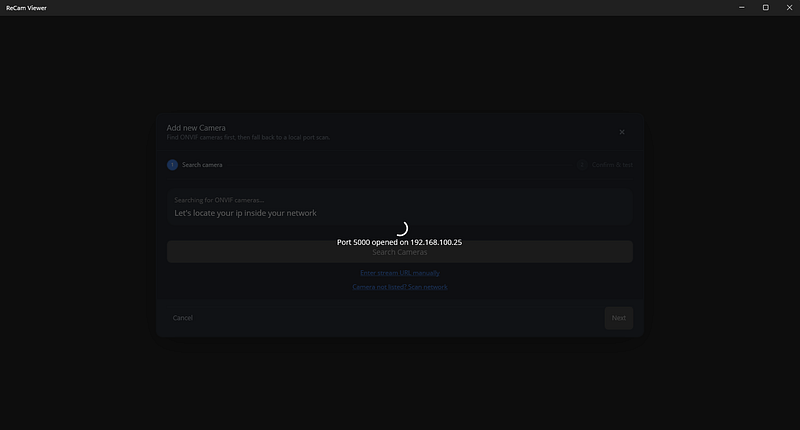 ReCam Viewer scanning the local network for an IP camera