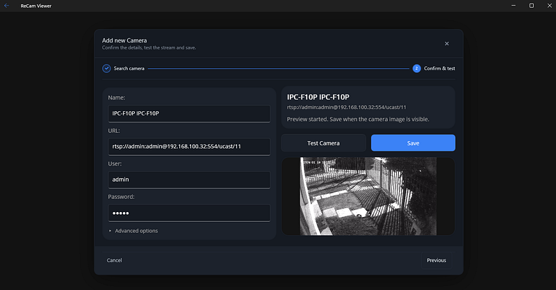 ReCam Viewer testing an RTSP IP camera stream with username and password